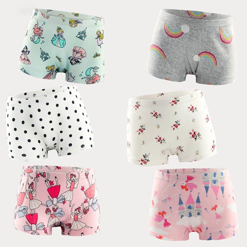 XBASW Kids Girls Cotton Underwear for Toddler Soft Boxer Briefs Cotton Four Corners Shorts Baby Print Panties(Pack of 6) Sizes 2-10T